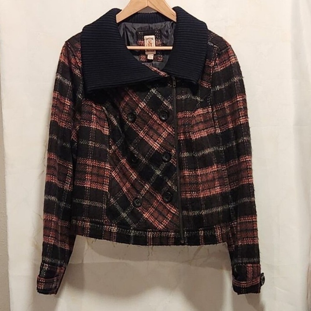 Decree Plaid Coat Juniors XXL Black/Red Short Fleece Peacoat Y2K Gothic Punk‎